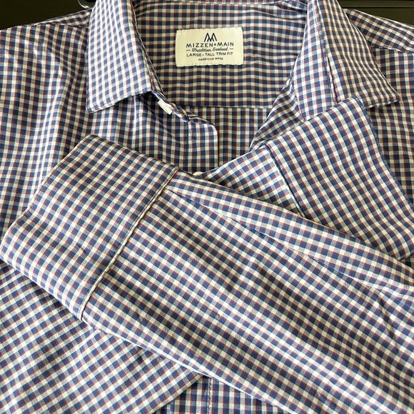 MIZZEN+MAIN Men’s Large Tall Trim Fit Long Sleeve Button Up | Blue Gingham - Picture 4 of 8